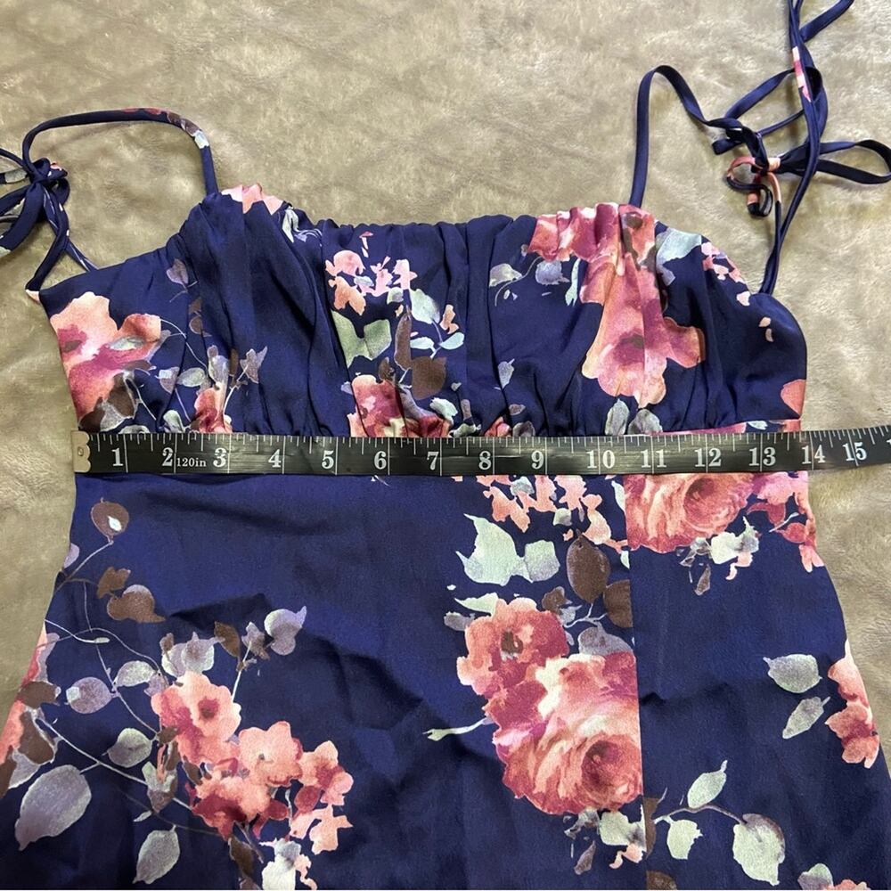NWOT Lulus Fleur-ty Behavior Navy Blue Floral Satin Tie-Strap Midi Dress - Picture 8 of 11